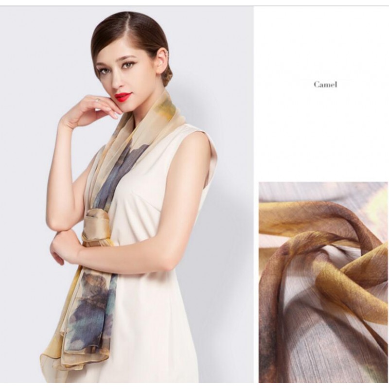 Pure Silk Scarf Camel Yellow Print Women Summer Scarf